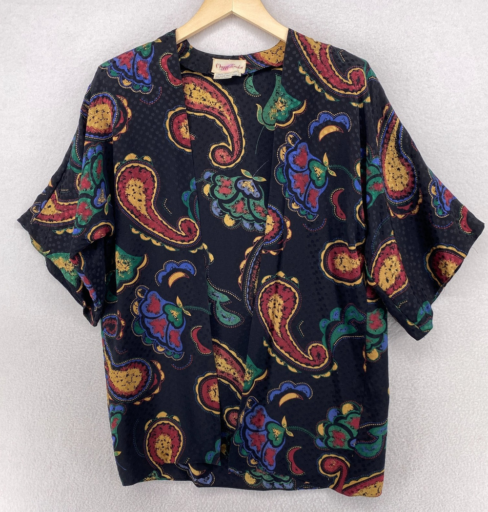 MAGGY LONDON Kimono 8 Silk Paisley Polka Jacquard Blazer Open Front Black VTG
